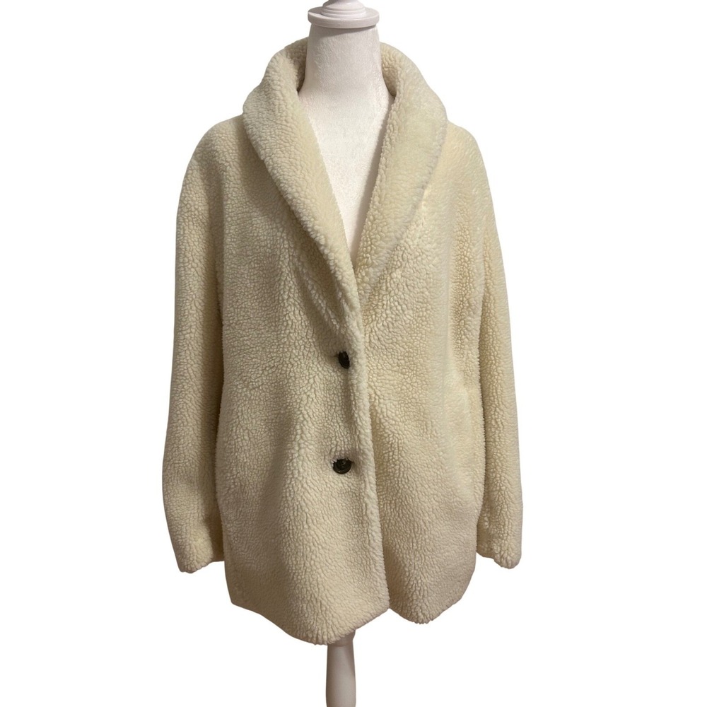J Crew XXL cream shearling teddy 2 button neutral white coat shawl collar jacket